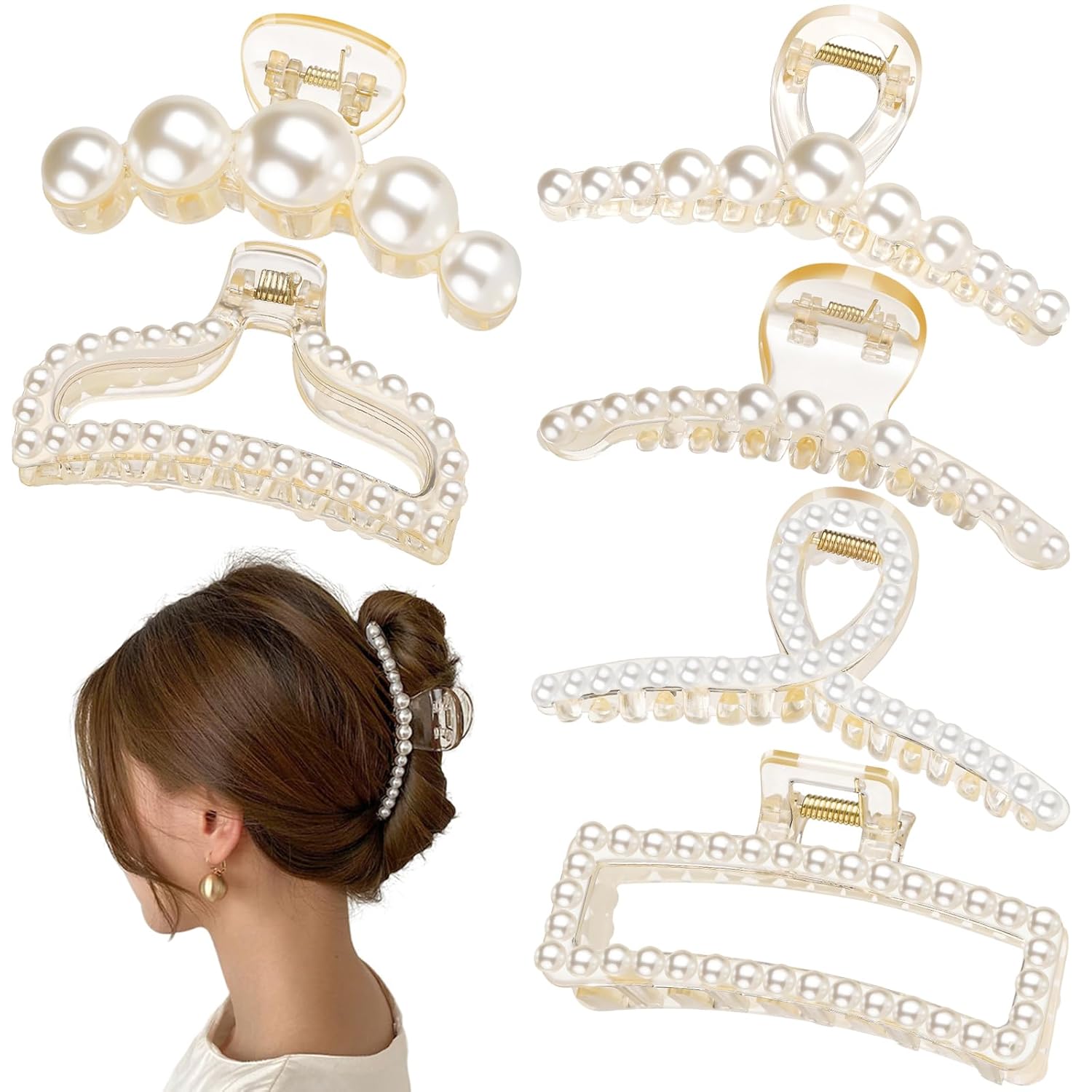 6 pinzas para el cabello con perlas, pinzas grandes para cabello fino y grueso, pinzas de cabello blanco para cabello fino y rizado, pinzas de