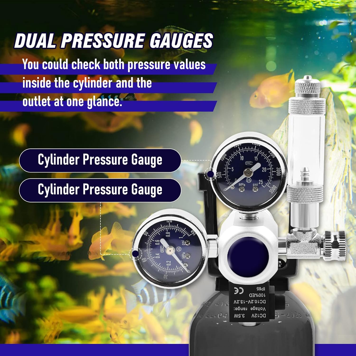ZUYIYI Regulador de CO2 para acuario, pantalla grande de medidores duales, solenoide de 12 V CC con contador de burbujas y válvula de retención,