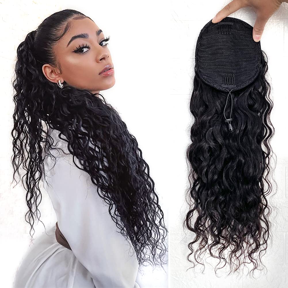 Alisfeel Extensiones de cola de caballo de cabello humano ondulado natural para mujeres negras, extensión de cola de caballo con cordón, 3.53 onzas