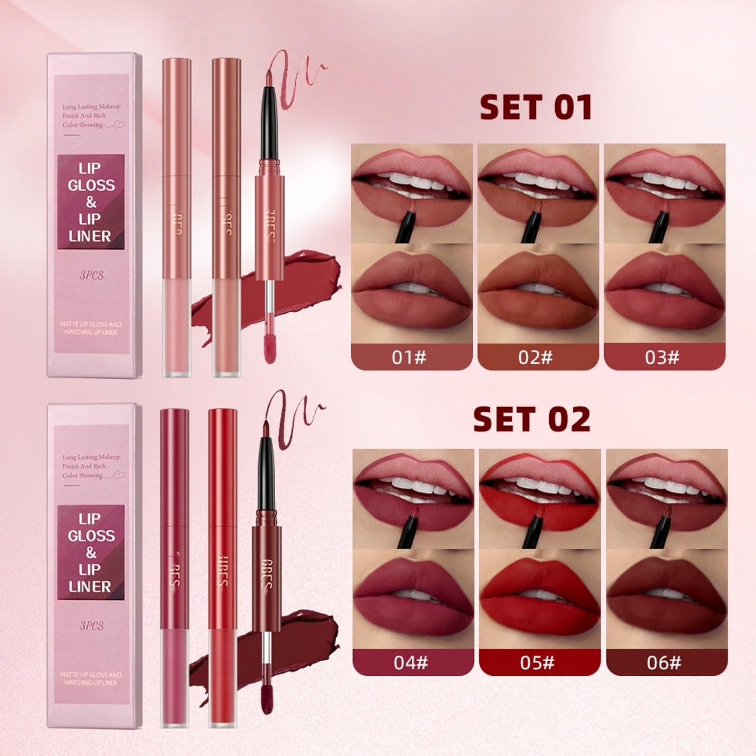 Kit de 3 lápices labiales líquidos mate y delineador de labios 2 en 1, juego de brillo labial pigmentado y delineador de labios de larga duración e