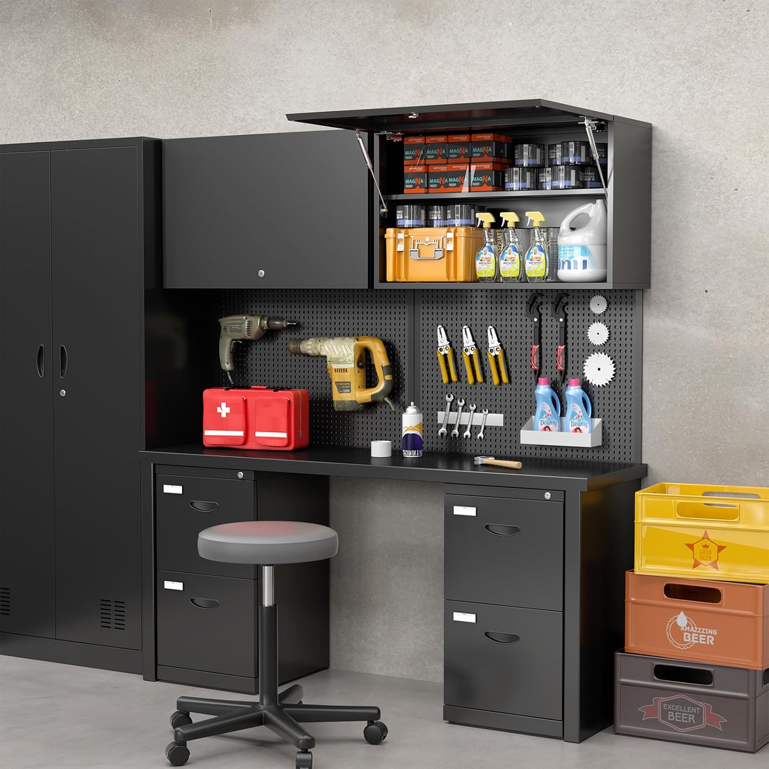 Armario de almacenamiento de pared de metal con puerta abatible, estante ajustable, gabinete de metal colgante de garaje, armarios superiores