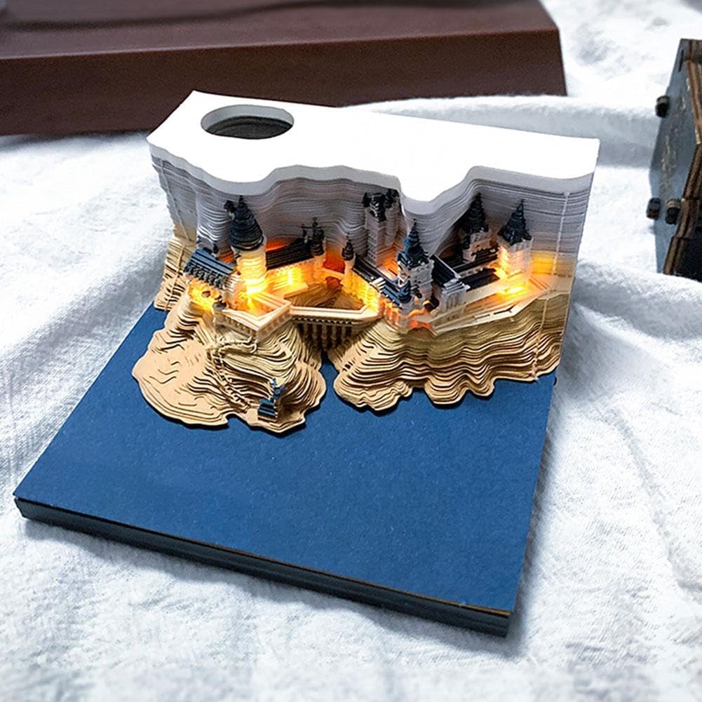 Bloc de notas 3D, arte de papel con luz, castillo 3D, pegatinas de conveniencia, manualidades de tarjetas, bloc de notas originales de bricolaje