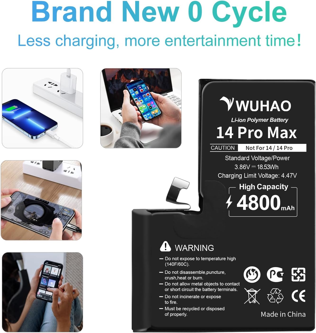 WUHAO Batería de repuesto para iPhone 14 Pro Max, capacidad mejorada de 4800 mAh para iPhone 14 Pro Max A2894 A2651 A2893 A2895 batería con