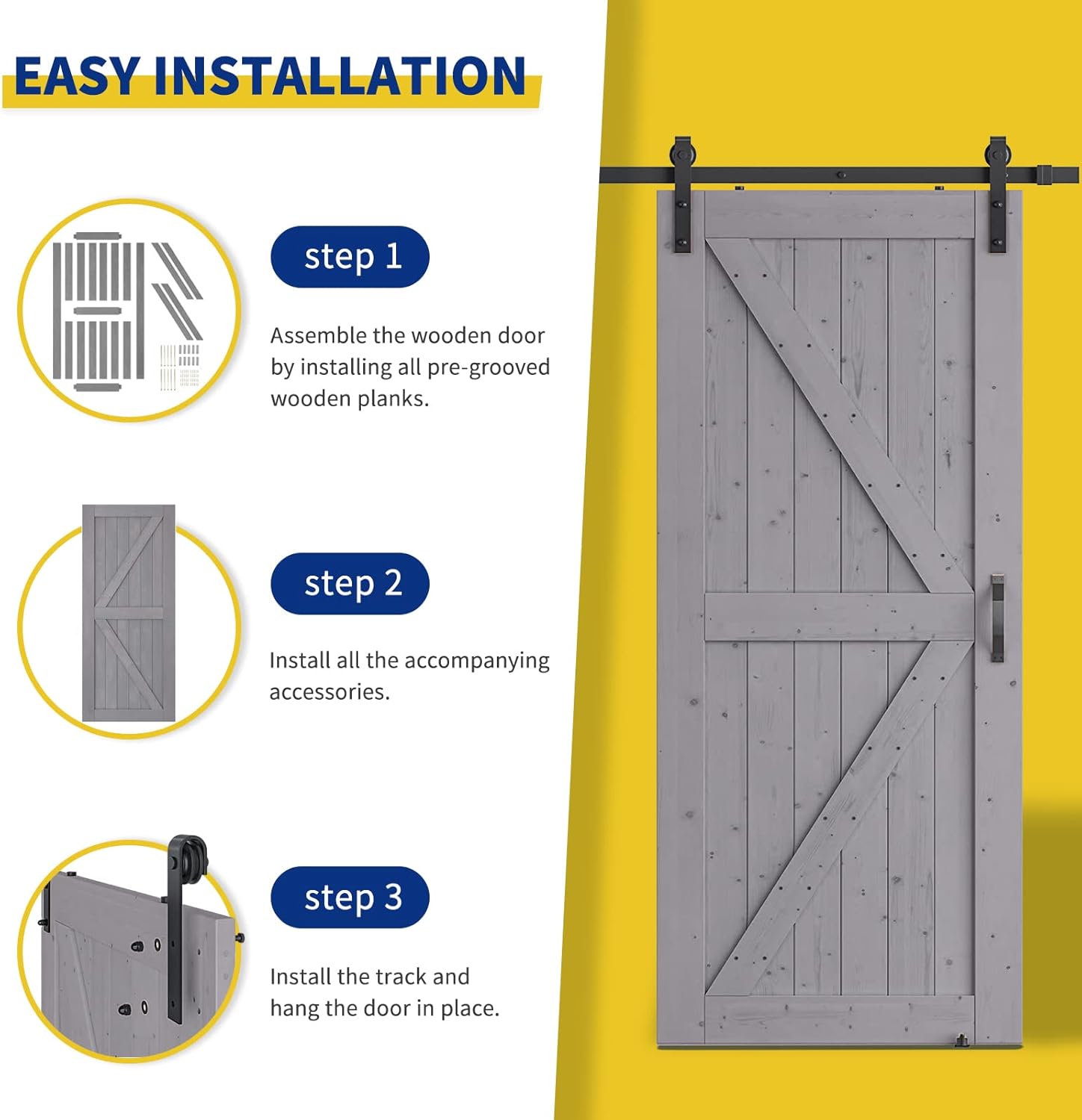 Pipleo – Puerta de granero de 303642 x 84 pulgadas con kit de herrajes para puerta de granero y asa, guía de suelo incluida, puerta corredera sin