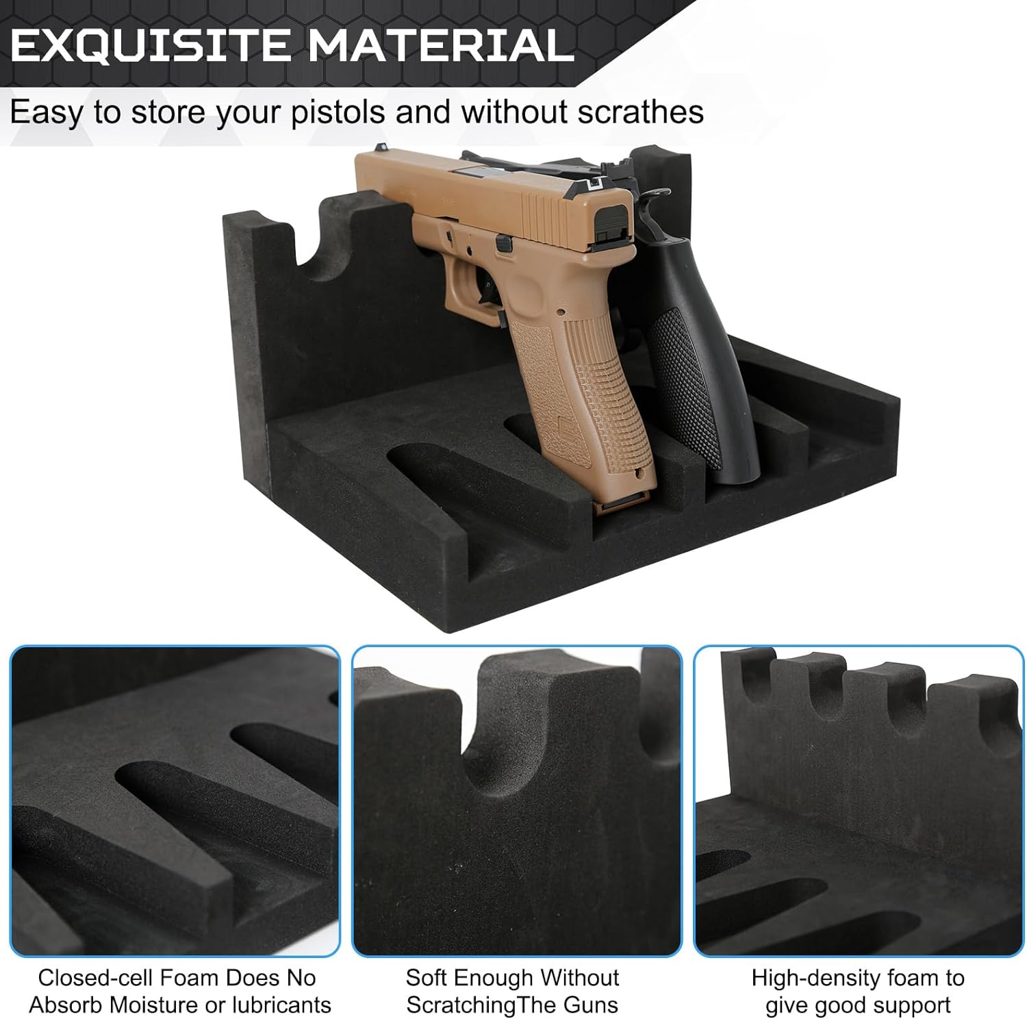 Estante para pistola seguro  Soporte de pistola de espuma para gabinete de armas, soporte de pistola de mano con 2 tiras magnéticas para 4 pistolas,