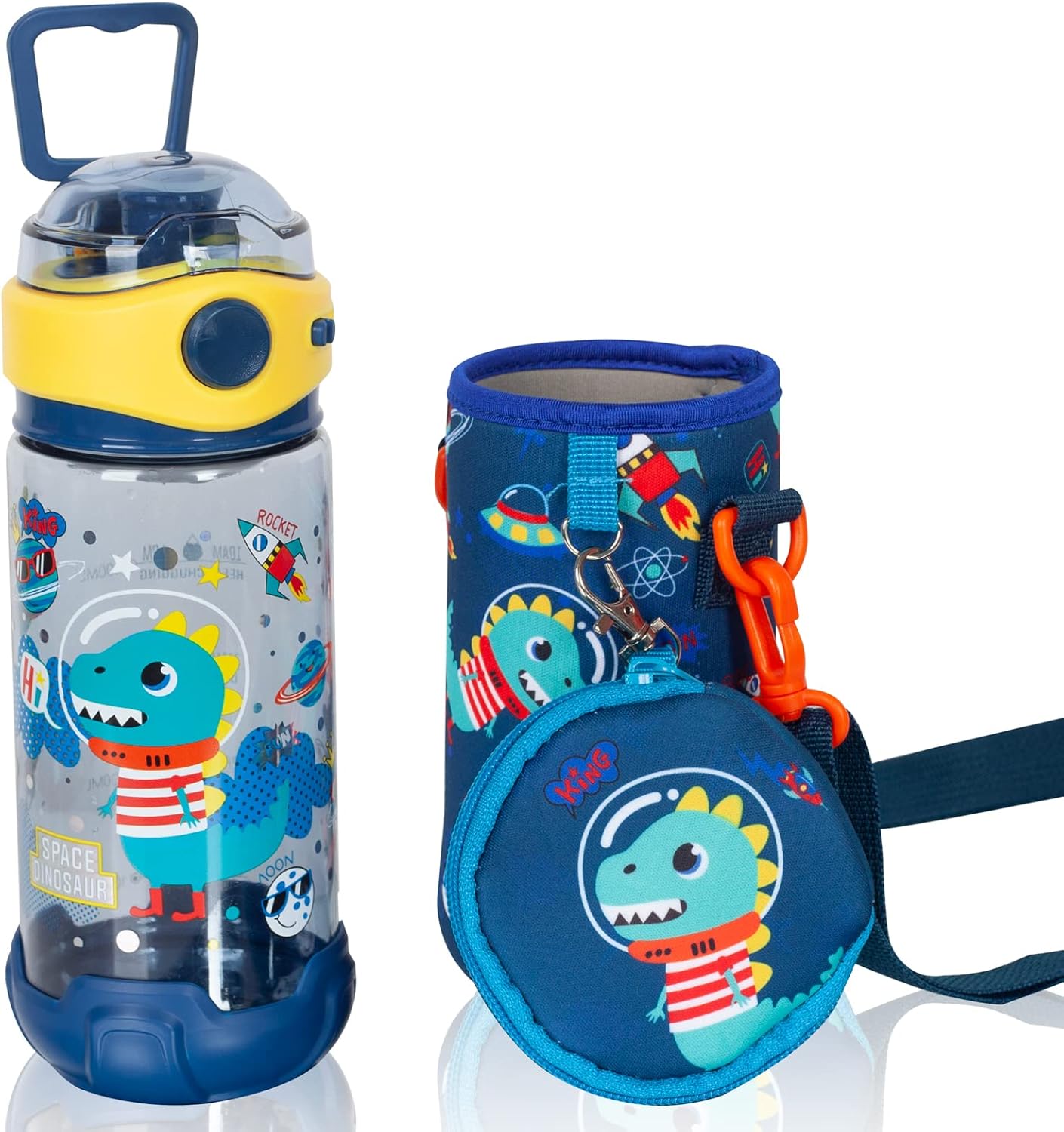 Botella de agua para niños con cordónfunda para niños y escuelas, 20 onzas, sin BPA, apertura de un clic, tapa abatible con cierre a prueba de fugas