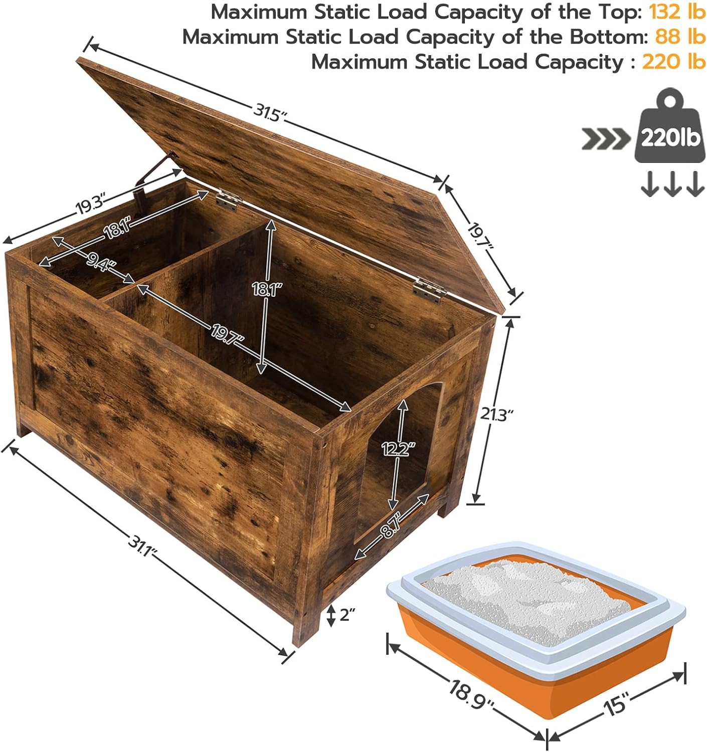HOOBRO Caja de arena para gatos, muebles ocultos, banco de almacenamiento de baño con tapa abatible, con divisor para ampliar la mesita de noche