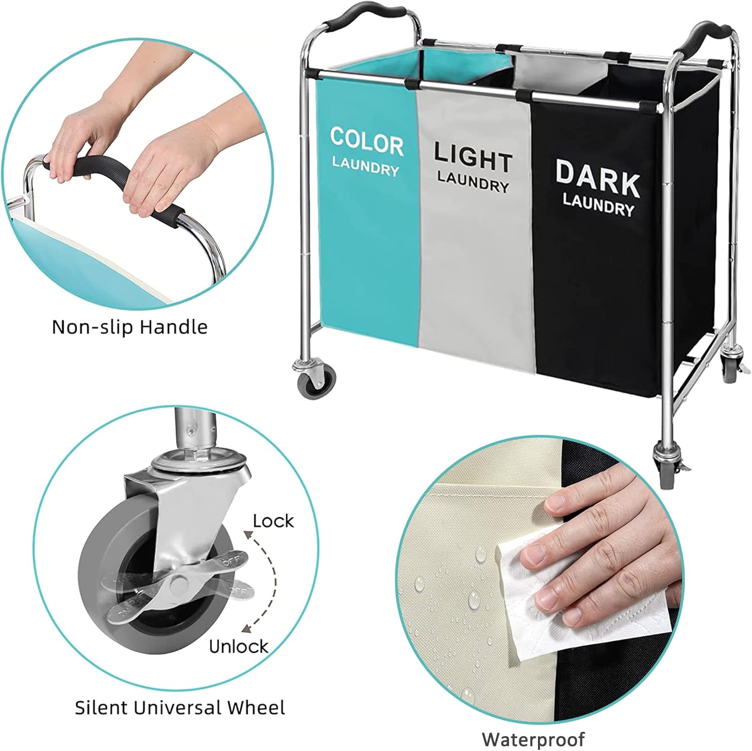 240L Laundry Sorter Hamper, Divided 3 Section Laundry Cart with Lockable Wheels, Large Capacity Bag Storage Organizer in Laundry Room Bathroom