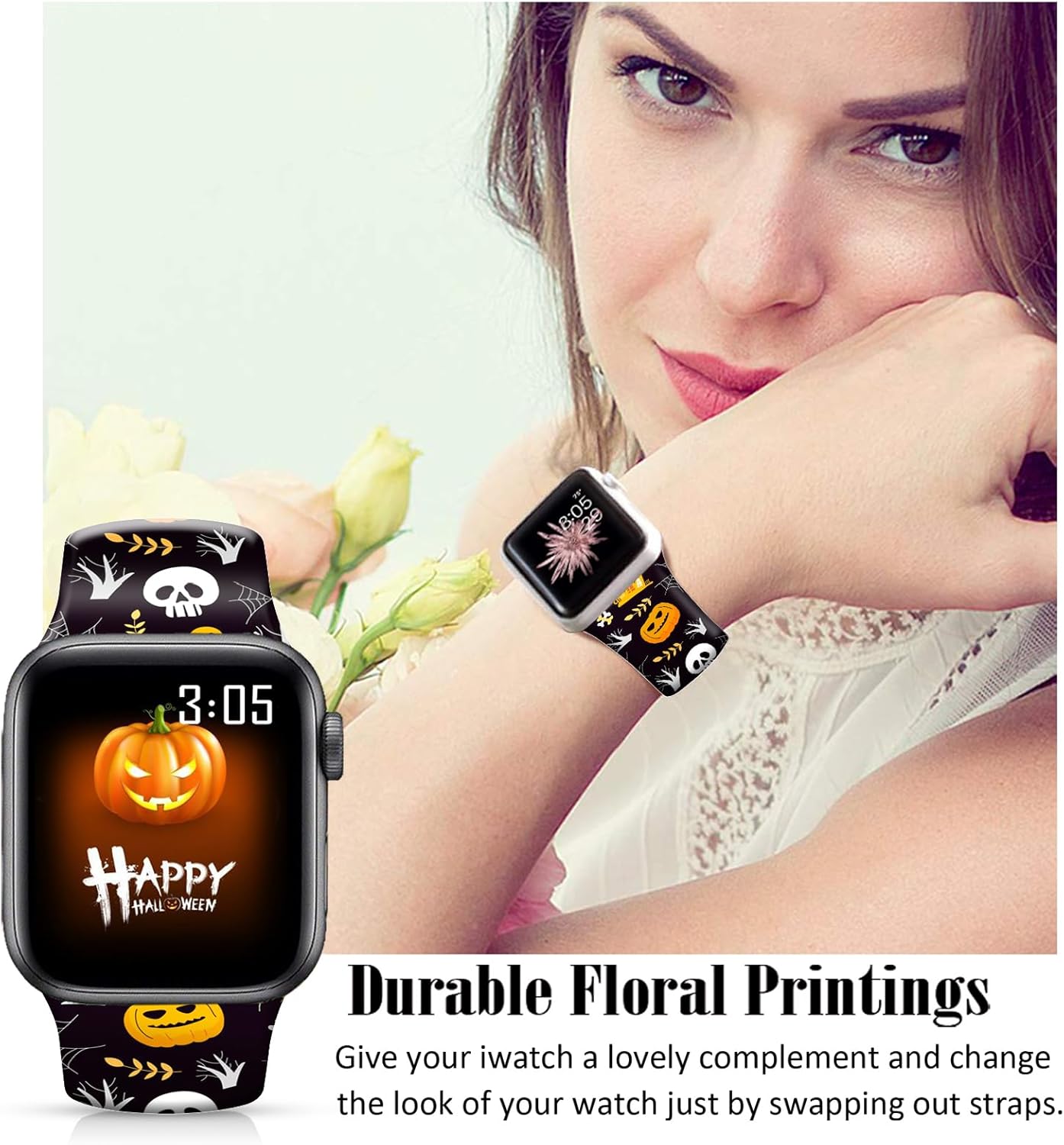 Correas florales de silicona compatibles con Apple Watch de 1.929 in 1.772 in 1.732 in 1.654 in 1.614 in 1.575 in 1.496 in, correa deportiva de