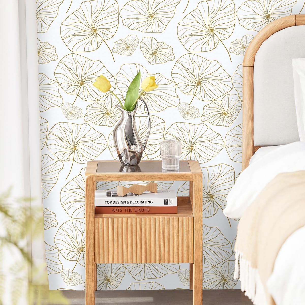 Papel tapiz dorado y blanco para despegar y pegar, papel de contacto floral bohemio, hoja de loto, extraíble, papel tapiz autoadhesivo para cocina,