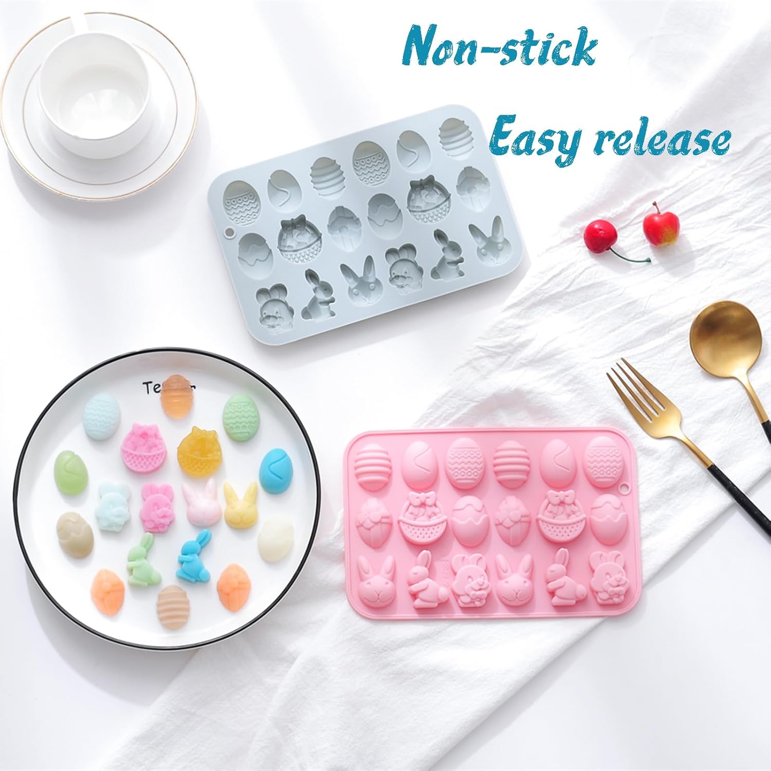 Juego de 2 moldes de silicona para chocolate de Pascua  36 cavidades de conejo, huevo, cabeza de conejo, formas de cesta, moldes antiadherentes de