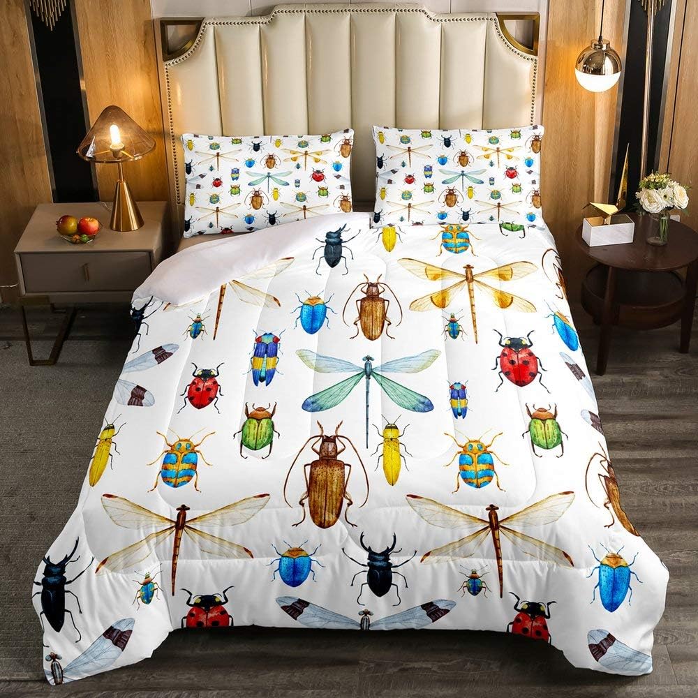 Edredón de plumón de libélula, juego de edredón de insectos de mariquita tamaño individual para niños, niñas y adolescentes, edredón de cama con
