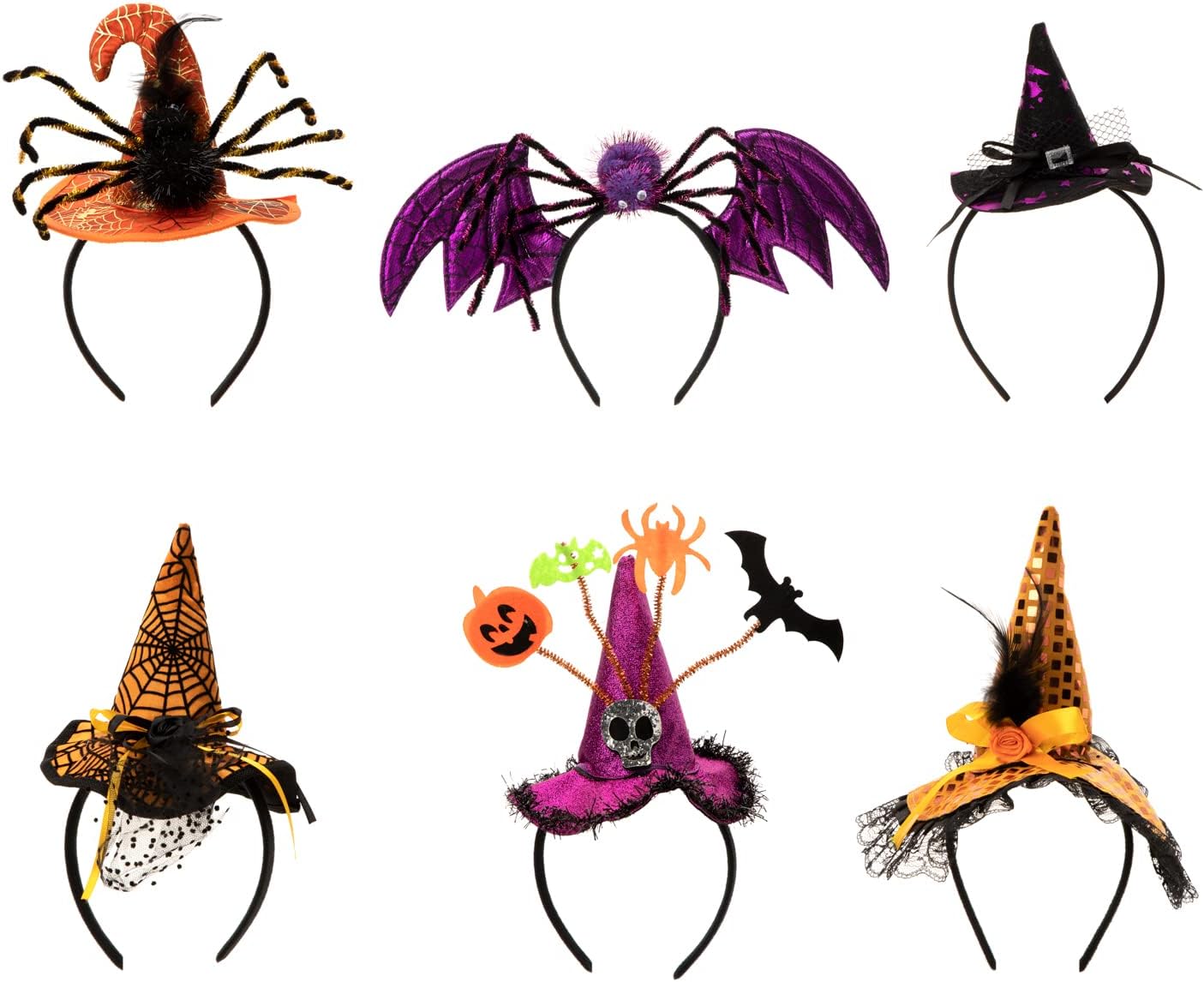 CHOIEO 6 diademas de Halloween, sombrero de bruja, diademas de calabaza, araña, murciélago, diademas de Halloween, disfraz de cosplay