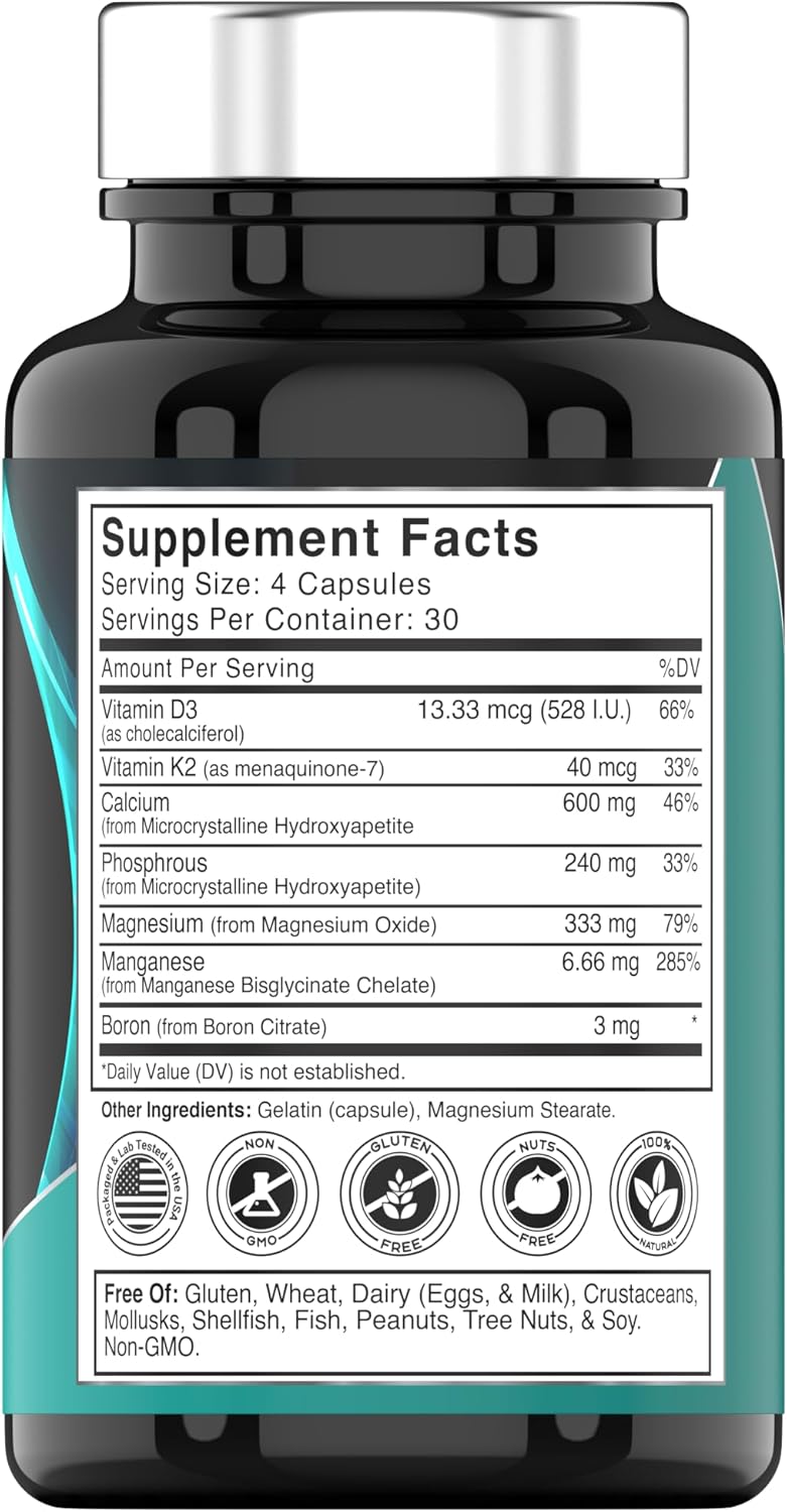 Reforzador óseo (120 cápsulas) Suplemento de calcio MCHA con vitamina D3, magnesio, vitamina K2, citrato de boro, MCHA fósforo y manganeso  Potente