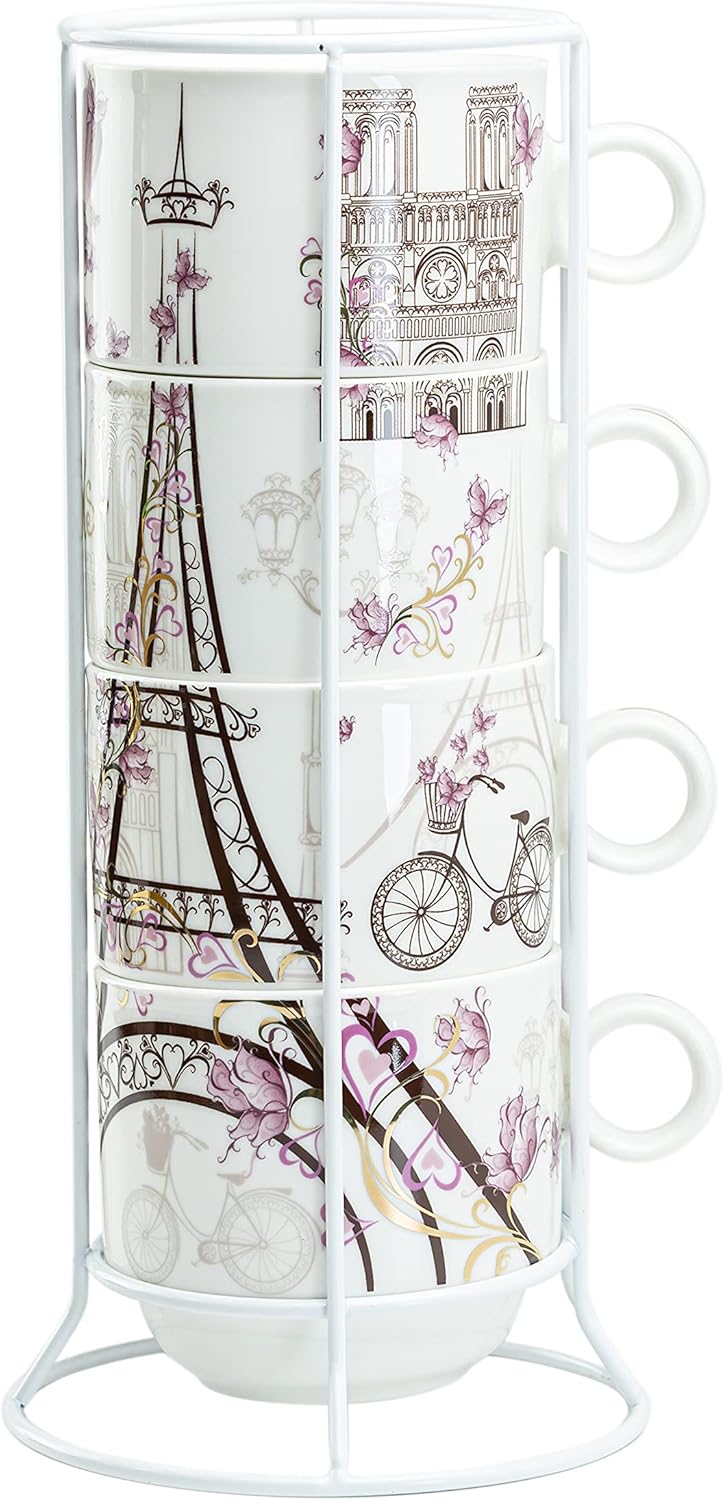 Juego de 4 tazas apilables de café y té de 10 onzas con soporte de metal blanco (Torre Eiffel de París, oro rosa)