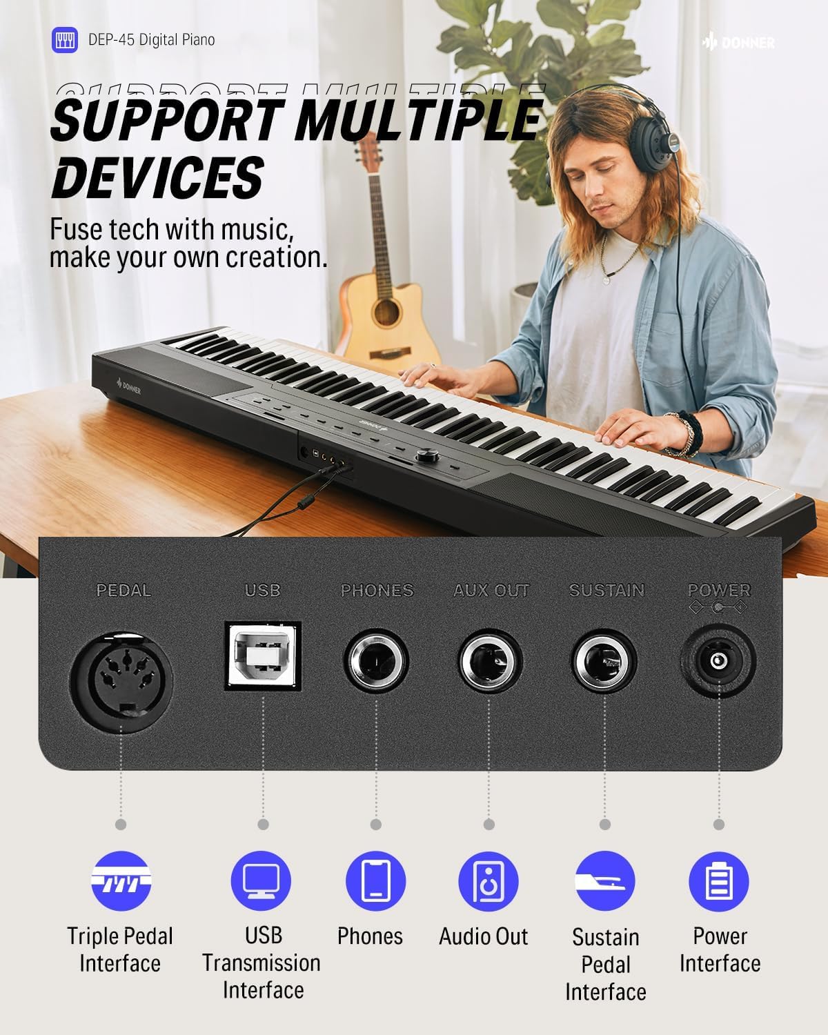 Donner DEP-45 – Piano digital ultrafino de 88 teclas, teclado eléctrico para principiantes con teclas semipesadas, piano de teclado portátil de