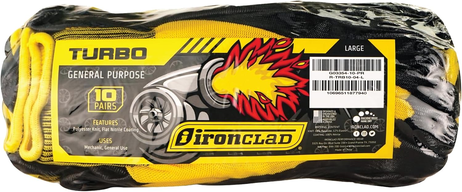 Ironclad OCTANE Turbo – Paquete de diez guantes de trabajo con revestimiento de nitrilo (10 pares), talla L (R-TRB10-04-L) amarillo