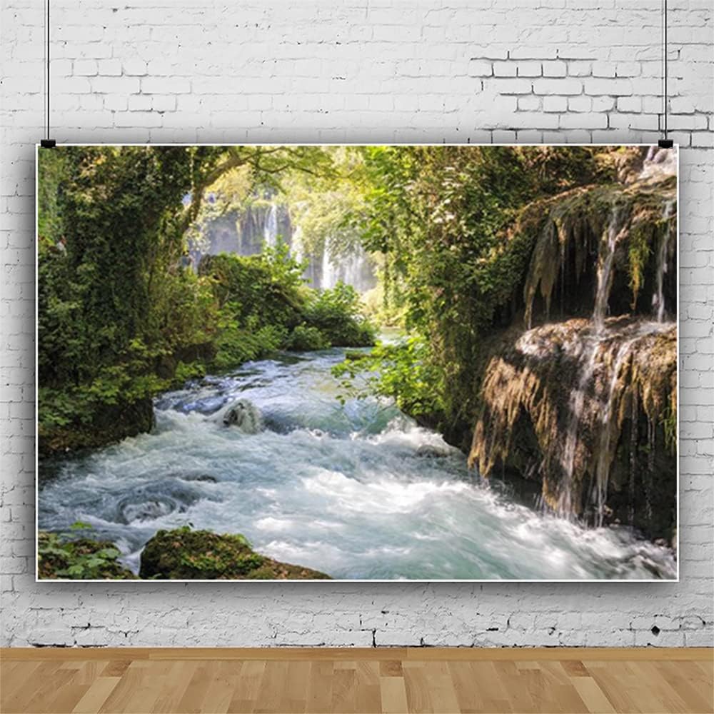 Baocicco Fondos de vinilo de 15 x 10 pies para fotografía de fondo de montaña y paisaje acuático, hermosa cascada y río, árbol antiguo al aire