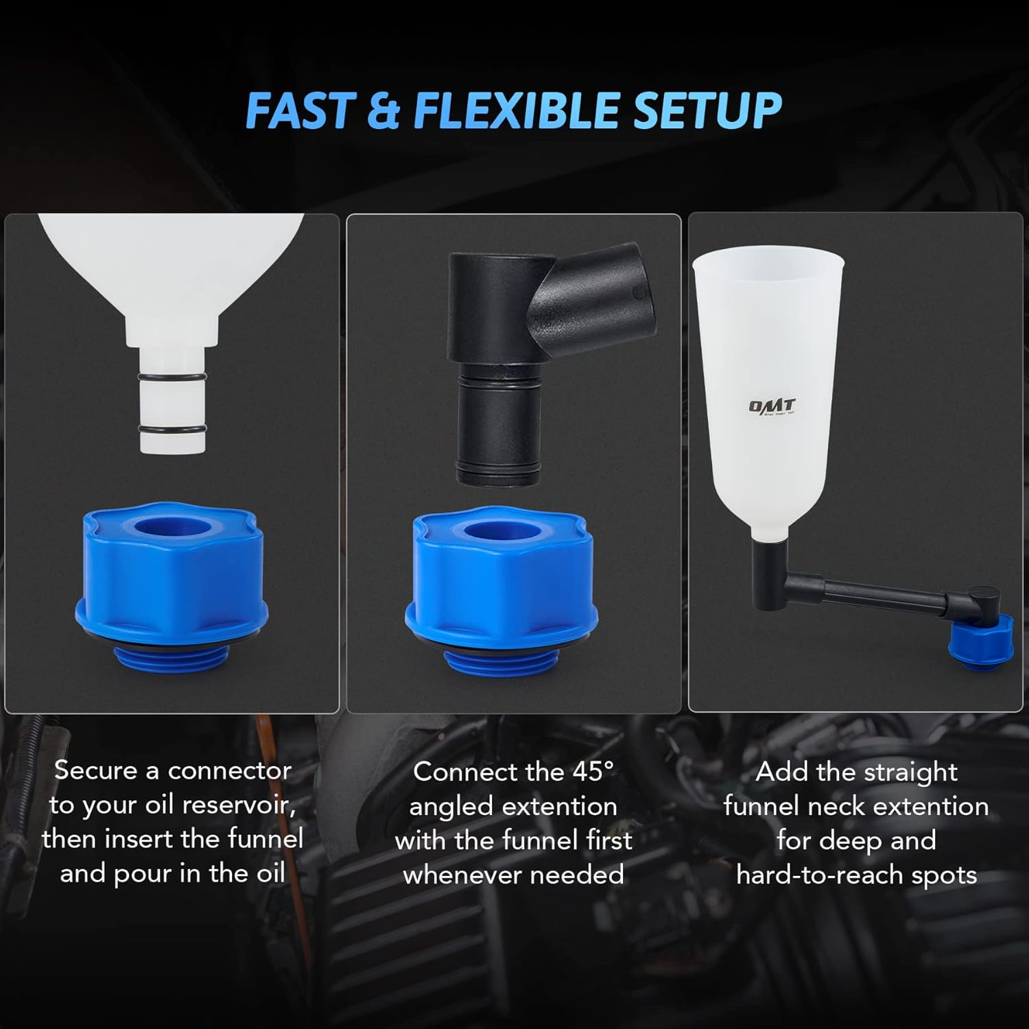Orion Motor Tech Juego de embudo de aceite de motor, embudo de 2 cuartos de galón para uso automotriz con extensión flexible y 8 adaptadores