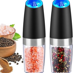 Gravity – Juego de molinillo eléctrico de pimienta y sal, grosor ajustable, con luz LED, operación automática con una mano, acero inoxidable negro, Gravity – Juego de molinillo eléctrico de pimienta y sal, grosor ajustable, con luz LED, operación automática con una mano, acero inoxidable negro,