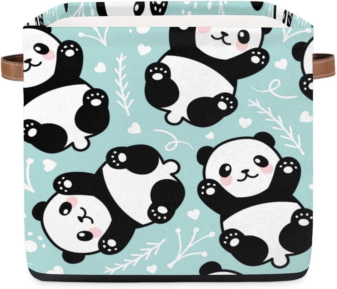 KOBLEN Modern Animal Panda Square Storage Basket Collapsible Storage Box Clothes Basket 13×13 Inch Large Cube Storage Bin With PU Leather Handle for
