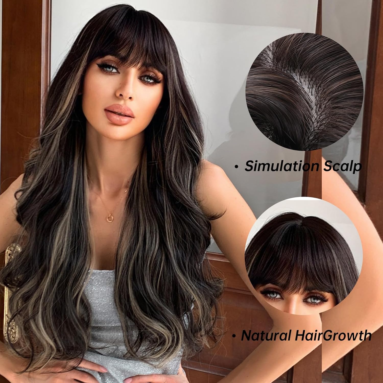 Allbell Peluca marrón con flequillo, pelucas largas onduladas negras para mujer, pelucas sintéticas rubias naturales, peluca de cabello rizado para