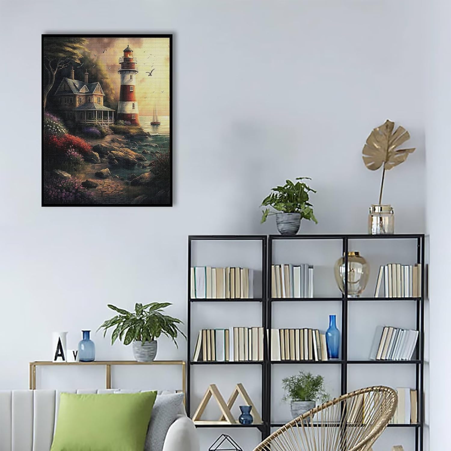 Juego de pintura de diamantes, pintura de una pequeña casa de madera, juego de arte Lighthousediamond, punto de cruz, bordado brillante de diamante,