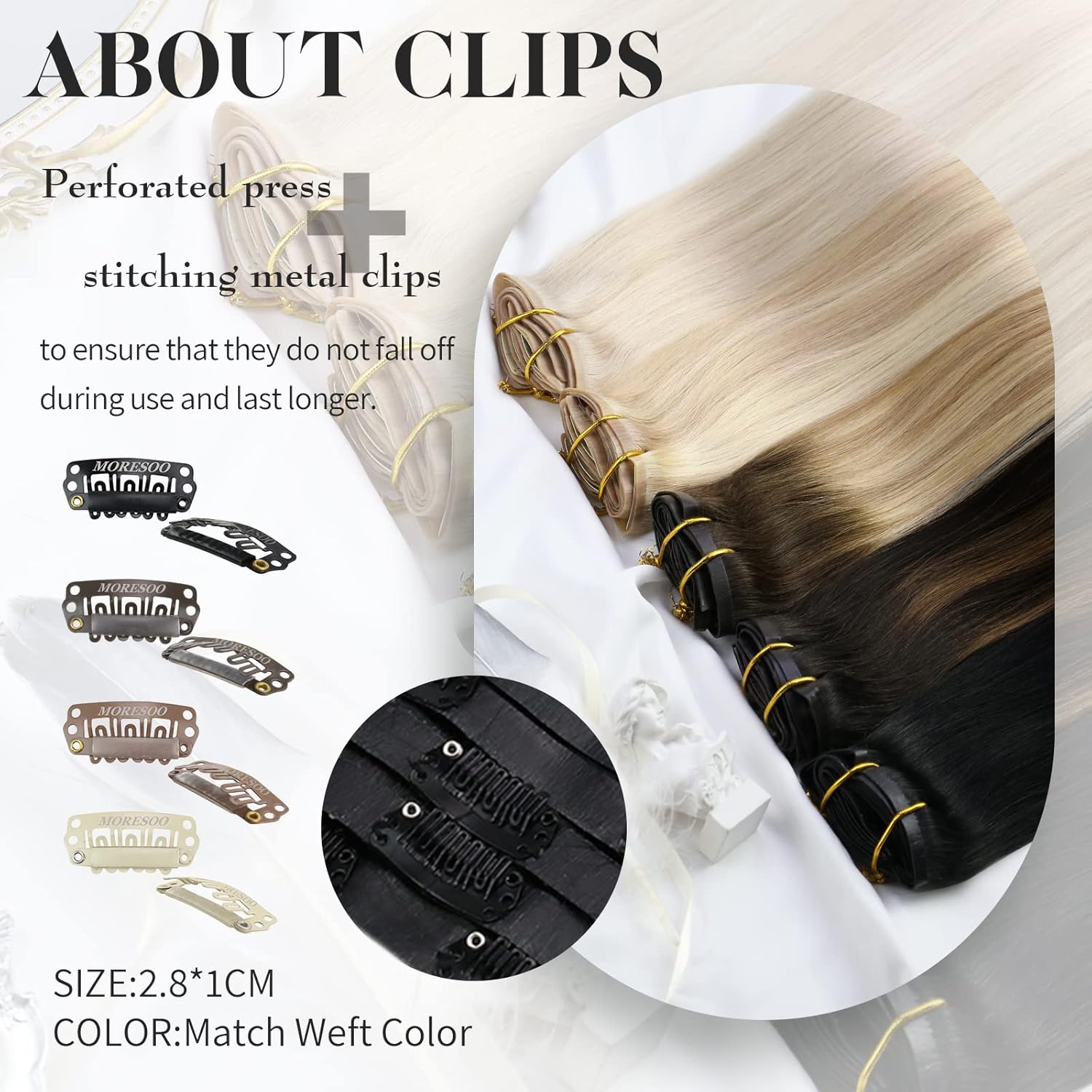 Moresoo Extensiones de cabello humano con clip, sin costuras, color rubio ceniza con reflejos rubios, extensiones de cabello humano real Remy con