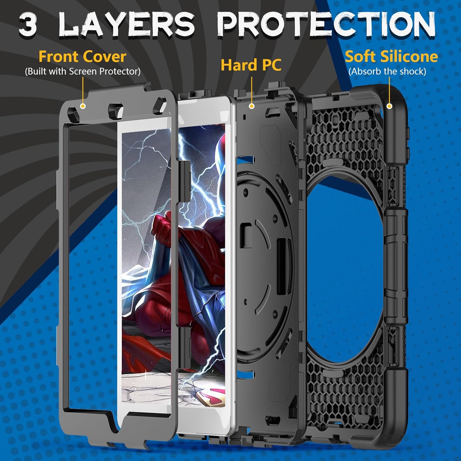 SEYMAC Funda para iPad de 987 generación, funda de cuerpo completo a prueba de golpes con protector de pantalla, correa de mano giratoria de 360 y