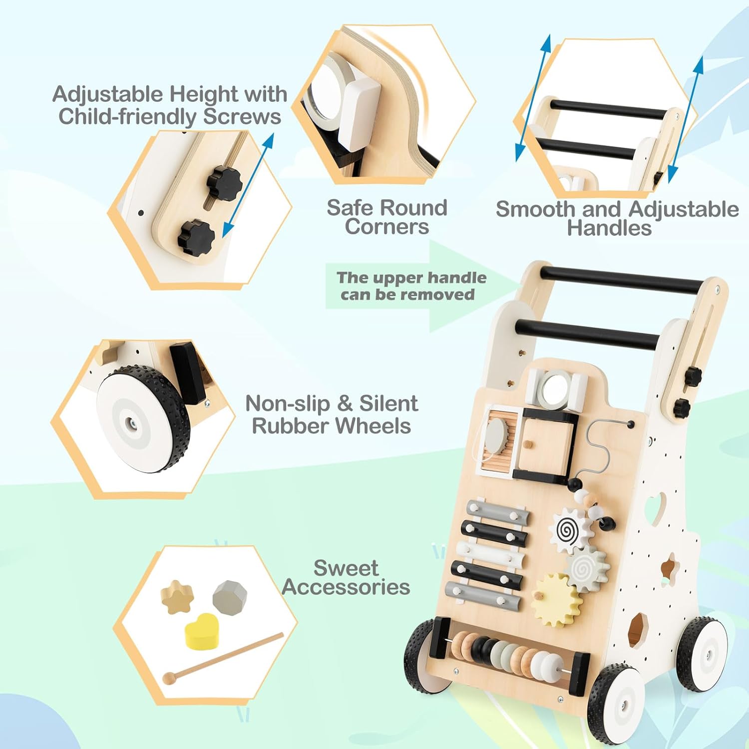 HONEY JOY Andador de empuje para bebés, centro de actividades de madera con asas ajustables, clasificador de formas, habilidades motoras y