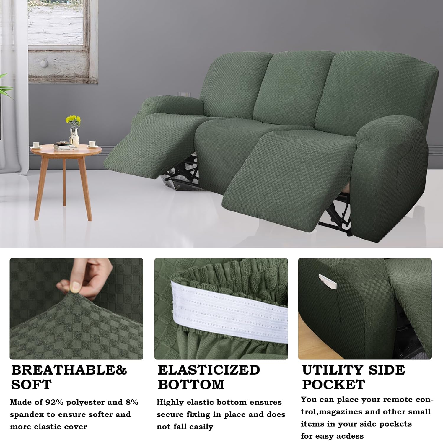 Lydevo Fundas elásticas para sofá reclinable, 8 piezas, fundas para sillas reclinables grandes, fundas para sofá reclinable de 3 asientos, lavable,