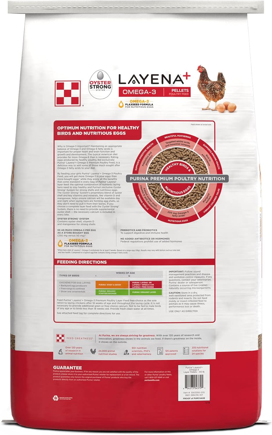 Purina Layena+  Alimento nutricionalmente completo para gallinas  Fórmula Omega 3 – Bolsa de 40 libras (40 libras)
