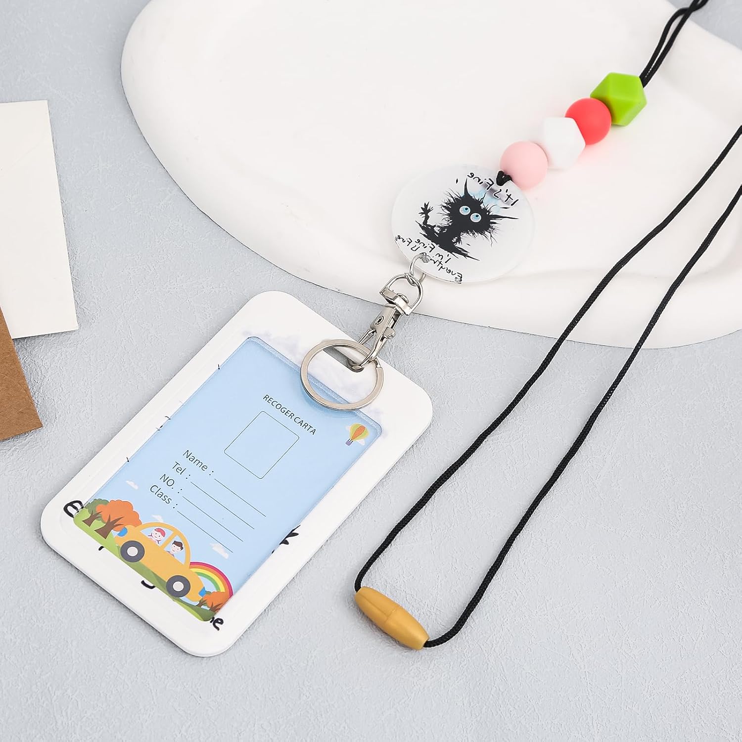 Cordón con cuentas para tarjetas de identificación y llaves, bonito soporte para tarjetas de identificación con cordón de silicona para profesores,