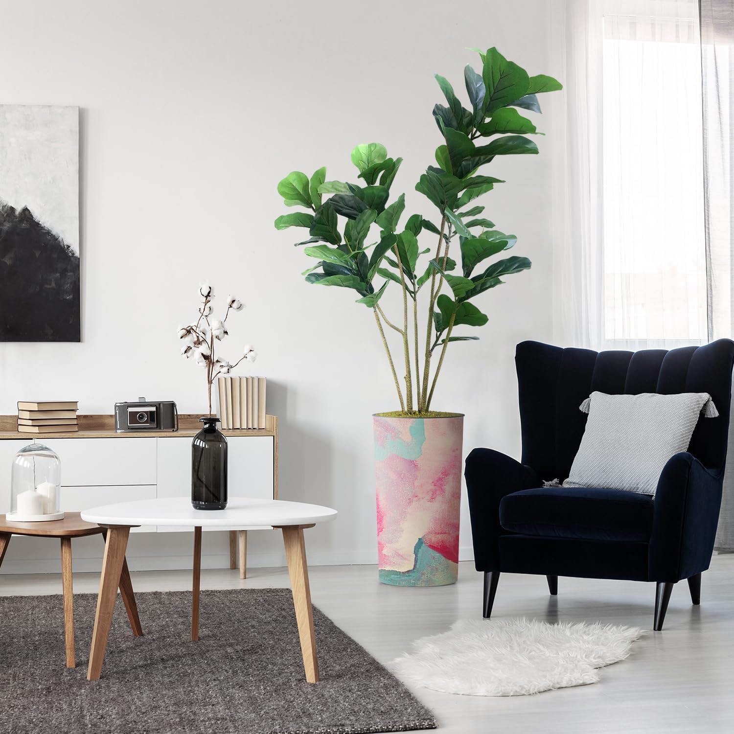 Árbol artificial en maceta contemporánea, ficus lyrata falsos árboles de seda para decoración del hogar en interiores y exteriores, altura total 66