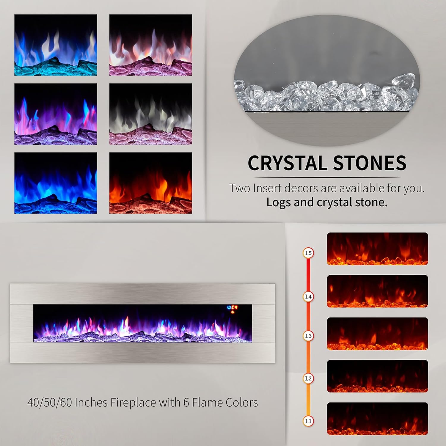 AMERLIFE Chimenea eléctrica de montaje en pared de 60 pulgadas con control remoto, calentador flotante de pared con colores de llama ajustables y