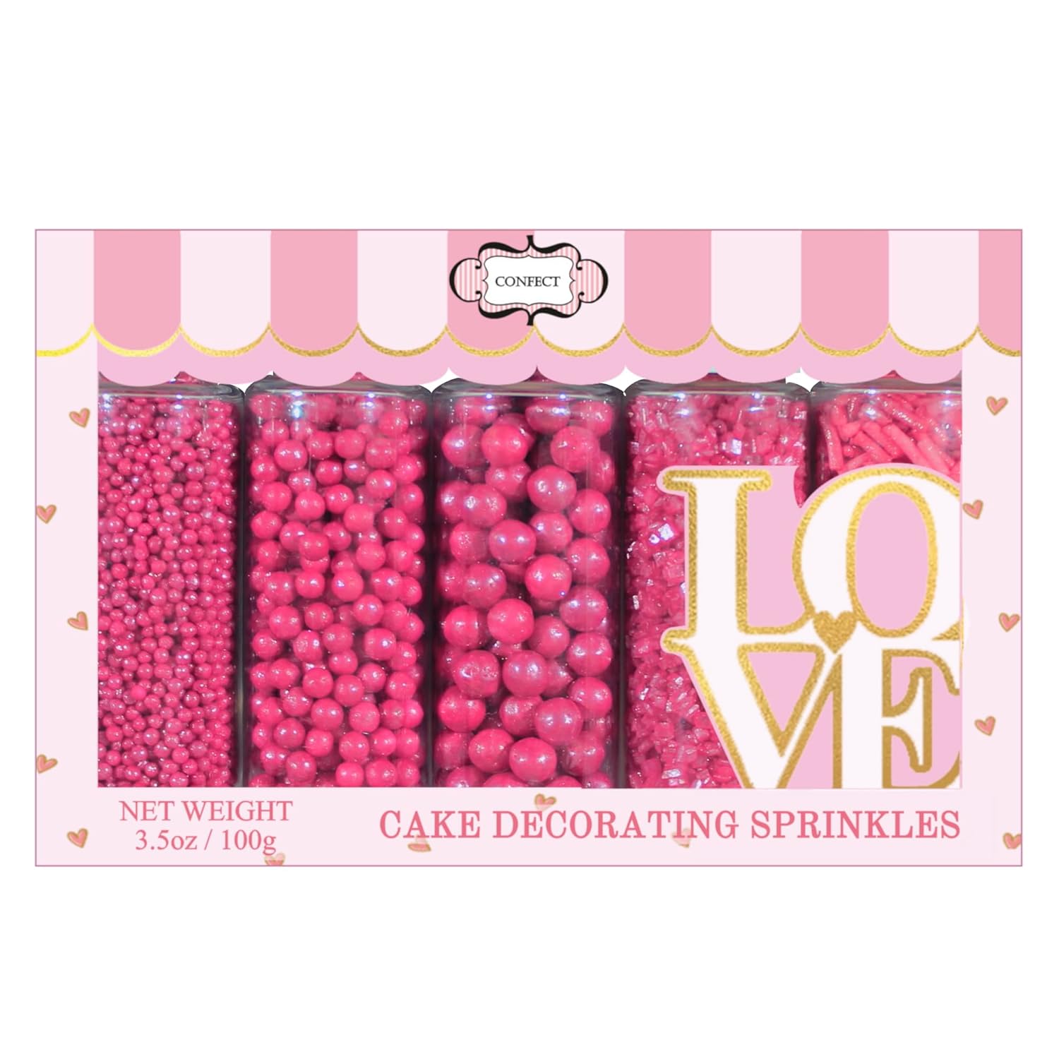 Gránulos de Confect para decoración de pasteles y cupcakes, paquete surtido de 5 gránulos de color rosa carmesí de San Valentín, mezcla de grageas,