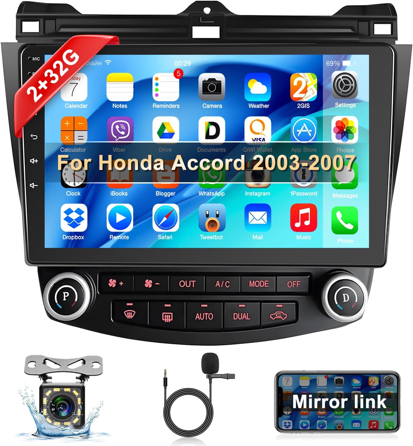 Podofo Para Honda Accord 2003 2004 2005 2006 2007 Radio estéreo de coche Android 13 Radio estéreo para coche 10.1 pulgadas pantalla táctil audio