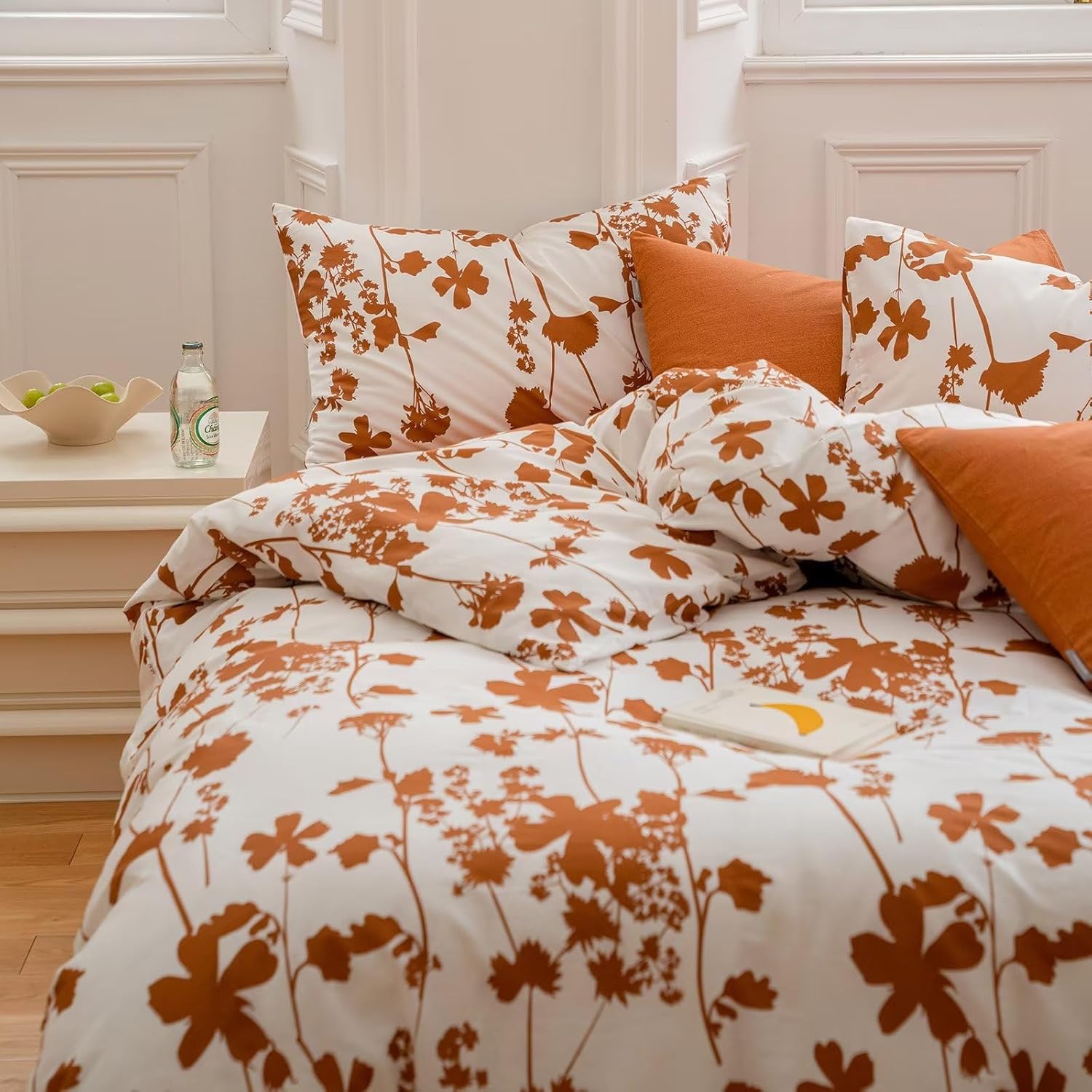 BuLuTu Juego de funda de edredón con diseño de hojas naranjas quemadas, estampado botánico, blanco, 100% algodón, juego de ropa de cama estética,