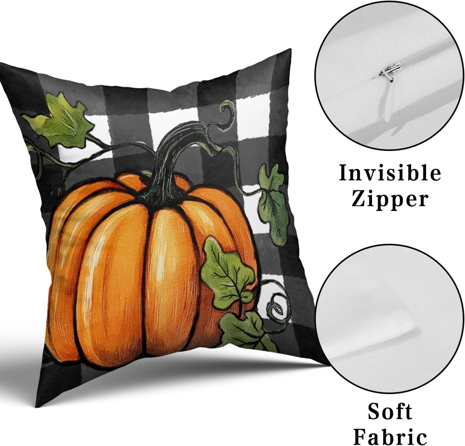 Juego de 2 fundas de almohada de otoño de 18 x 18 pulgadas, diseño de calabaza, negro y blanco, a cuadros, decoración del hogar, cosecha de otoño,