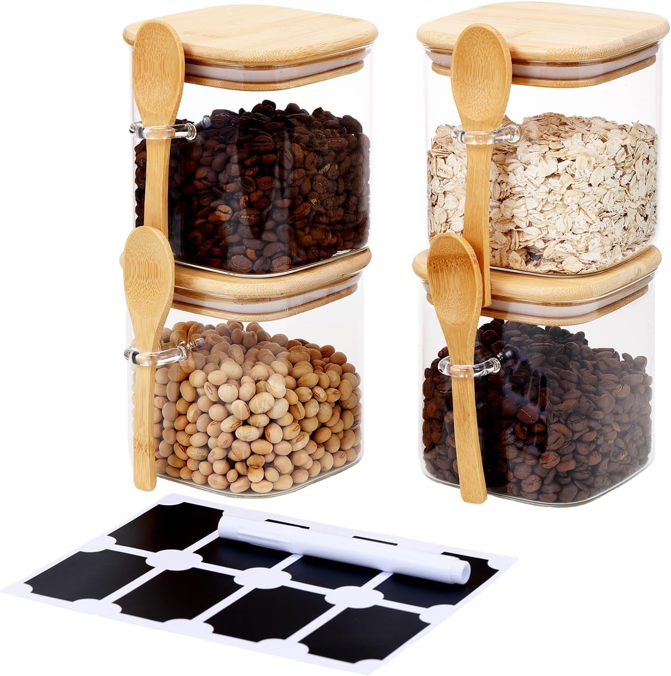 Recipiente de almacenamiento de vidrio con tapas y cucharas de bambú, recipientes para alimentos Storgae con tapas, tarros transparentes de