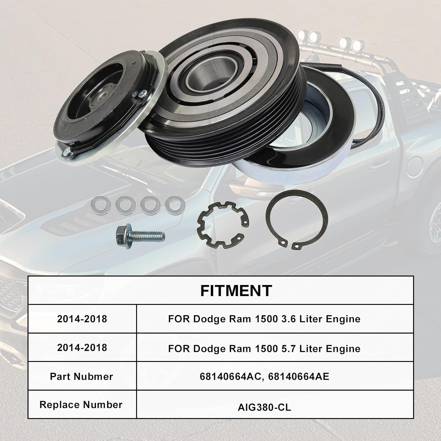 Kit de reparación del conjunto del embrague del compresor de CA compatible con Dodge Ram 1500 5.7L 2014 2015 2016 2017 2018# AIG380-CL 68140664AC