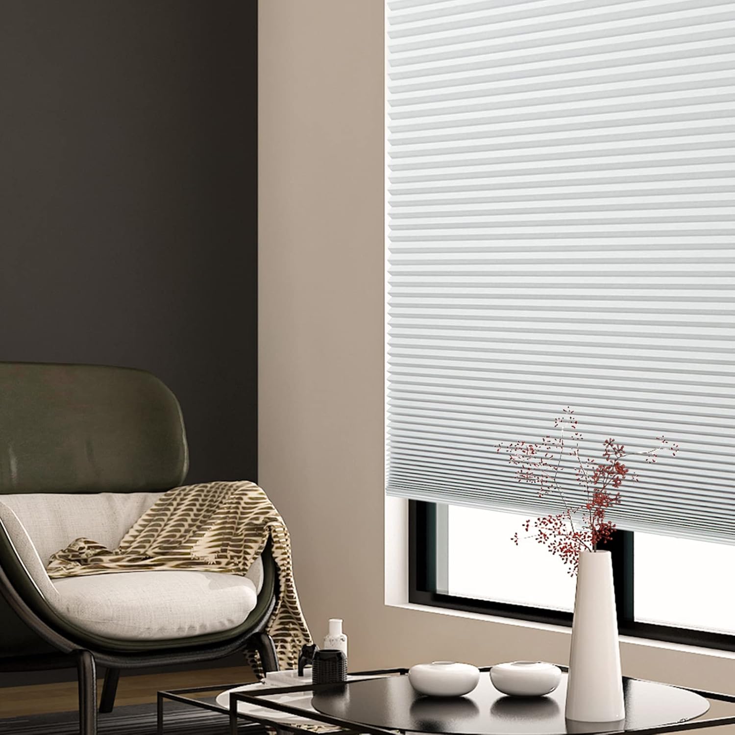 Persilux Persianas celulares plisadas con filtro de luz para ventanas (gris nublado, 47 x 64 pulgadas), persianas enrollables sin cordón, para