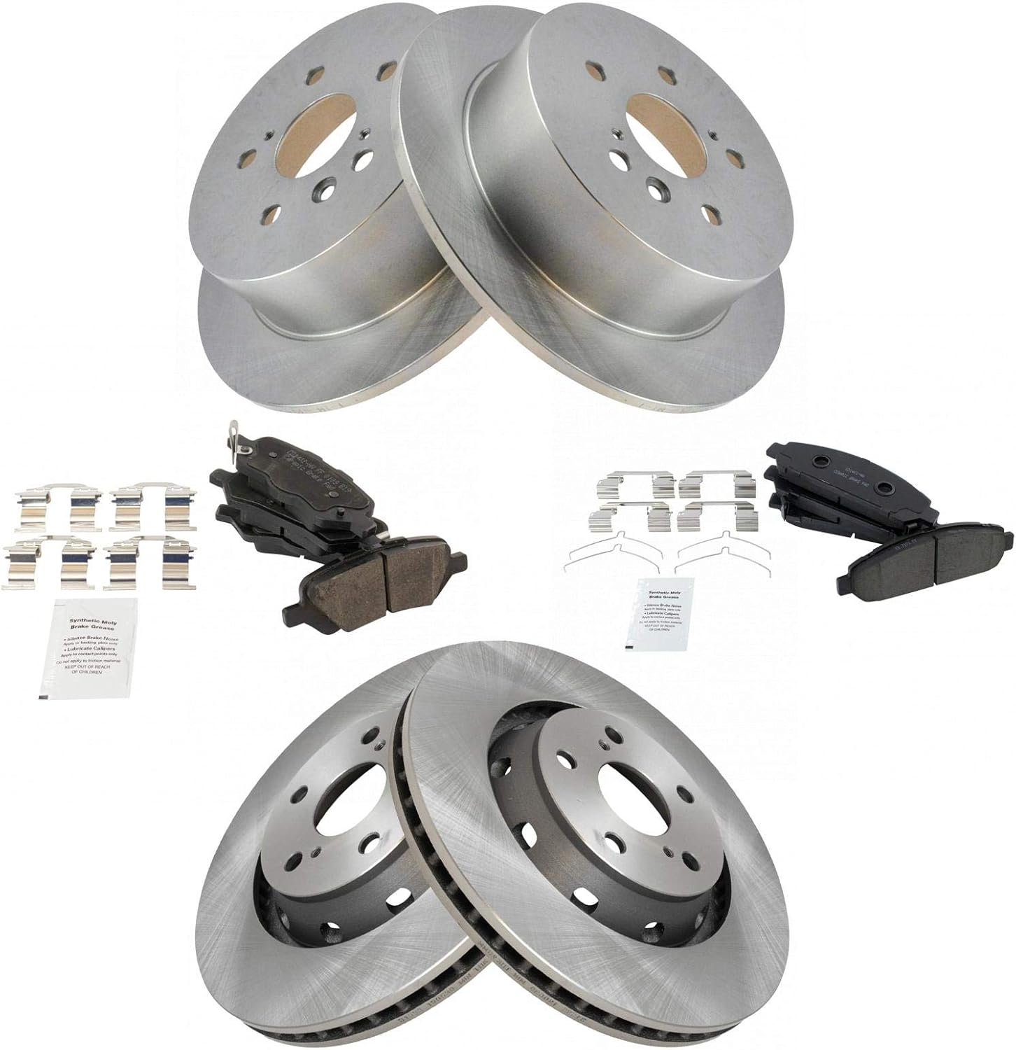 TRQ Pastilla de freno de cerámica delantera y trasera y kit de rotor delantero y trasero con líquidos compatibles con Toyota