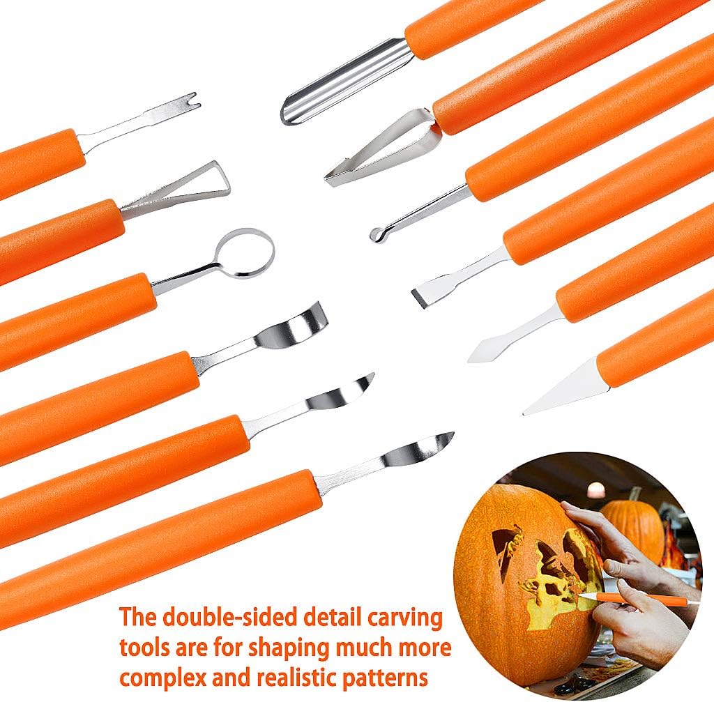 Kit profesional de tallado de calabaza, 11 piezas de herramientas de tallado de acero inoxidable resistentes para Halloween con estuche de