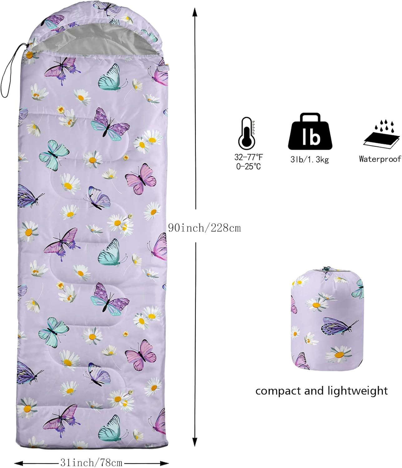 QOOMO Saco de dormir para camping, 3 estaciones, clima cálido y fresco, ligero, saco de dormir impermeable para adultos y niños, viajes y al aire