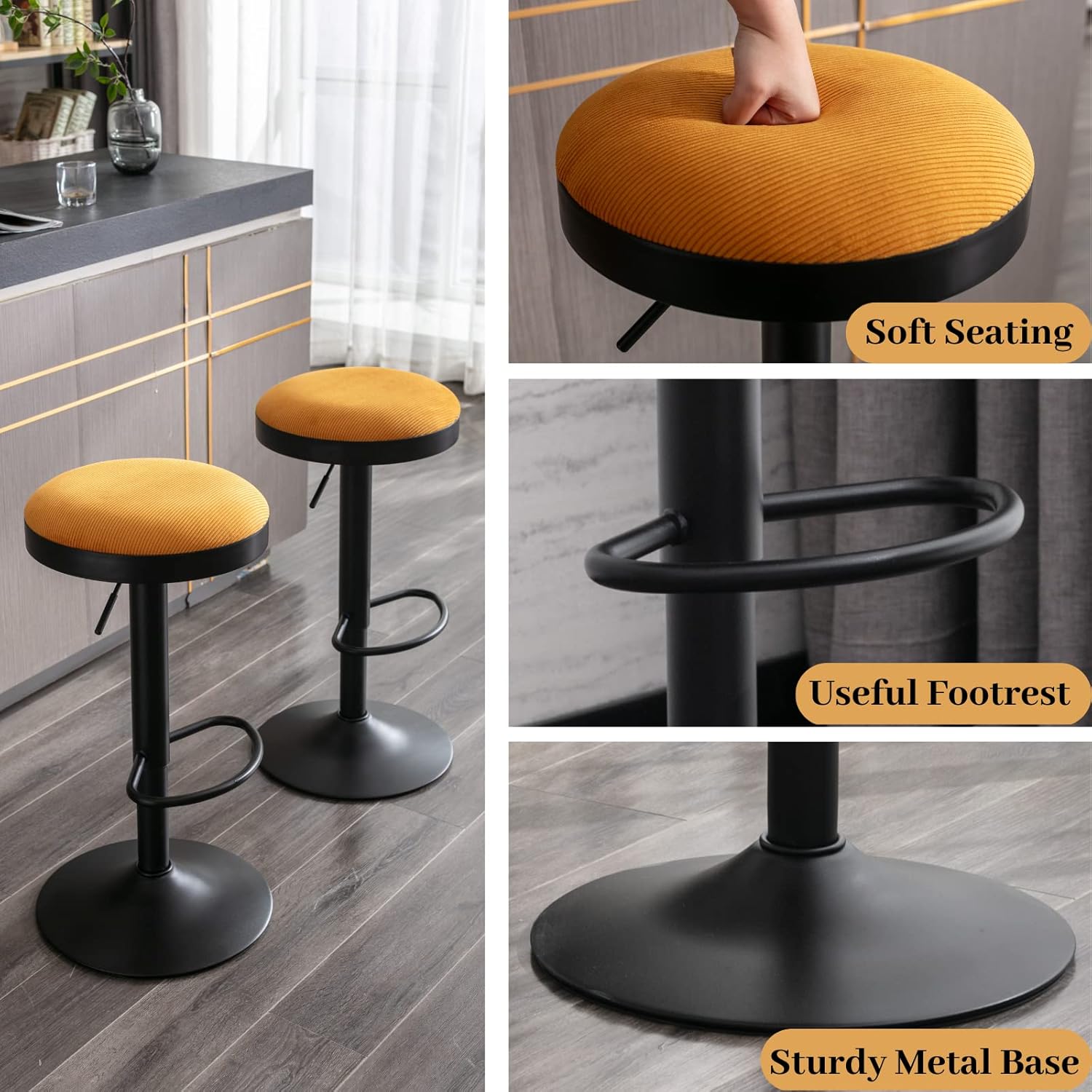 CIMOO Taburetes de bar sin espalda, juego de 2 taburetes de bar redondos ajustables para encimera de cocina, taburete giratorio de altura de barra,