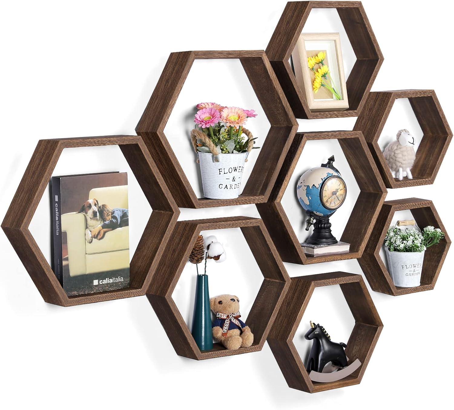 SEHERTIWY Paquete de 8 estantes flotantes hexagonales, estante de pared de nido de abeja de madera marrón para casa y oficina