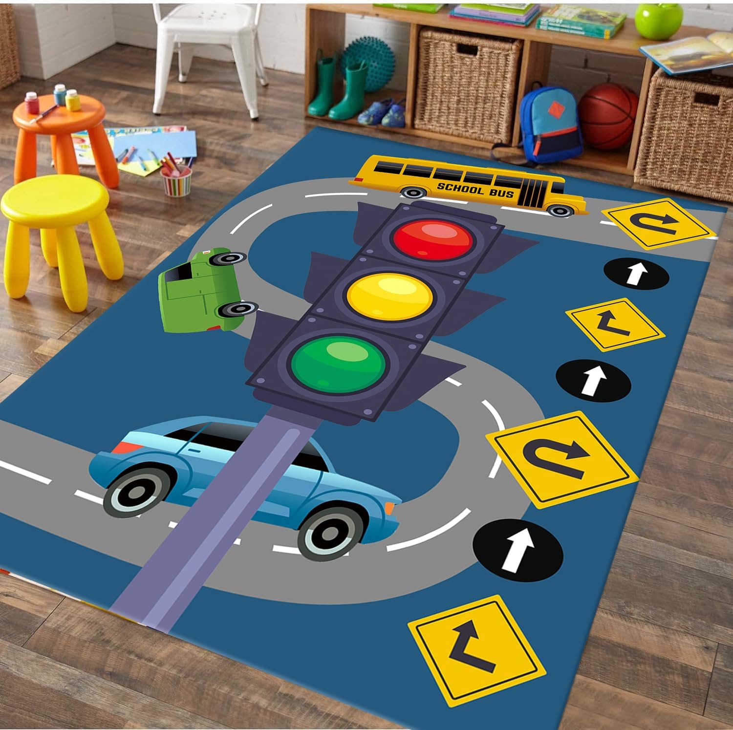 LHOMKCV Alfombra de juegos para niños, 4 x 5 pies, tapete de juego con semáforos de coche de juguete, tapete de juego con señales de tráfico vial,