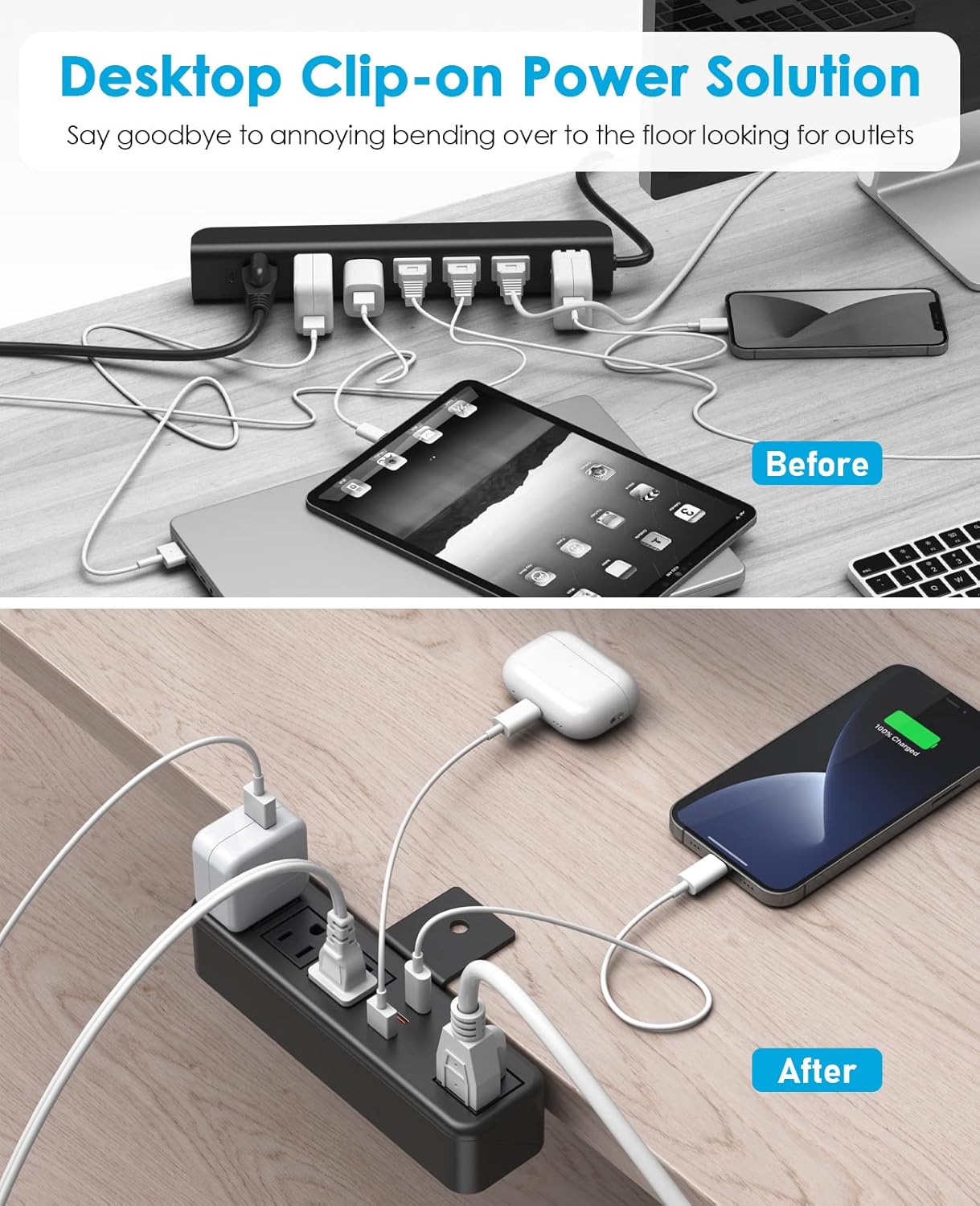 CCCEI Regleta de alimentación de abrazadera lateral de escritorio USB C de 45 W, toma de montaje de abrazadera de borde de tubo superior de