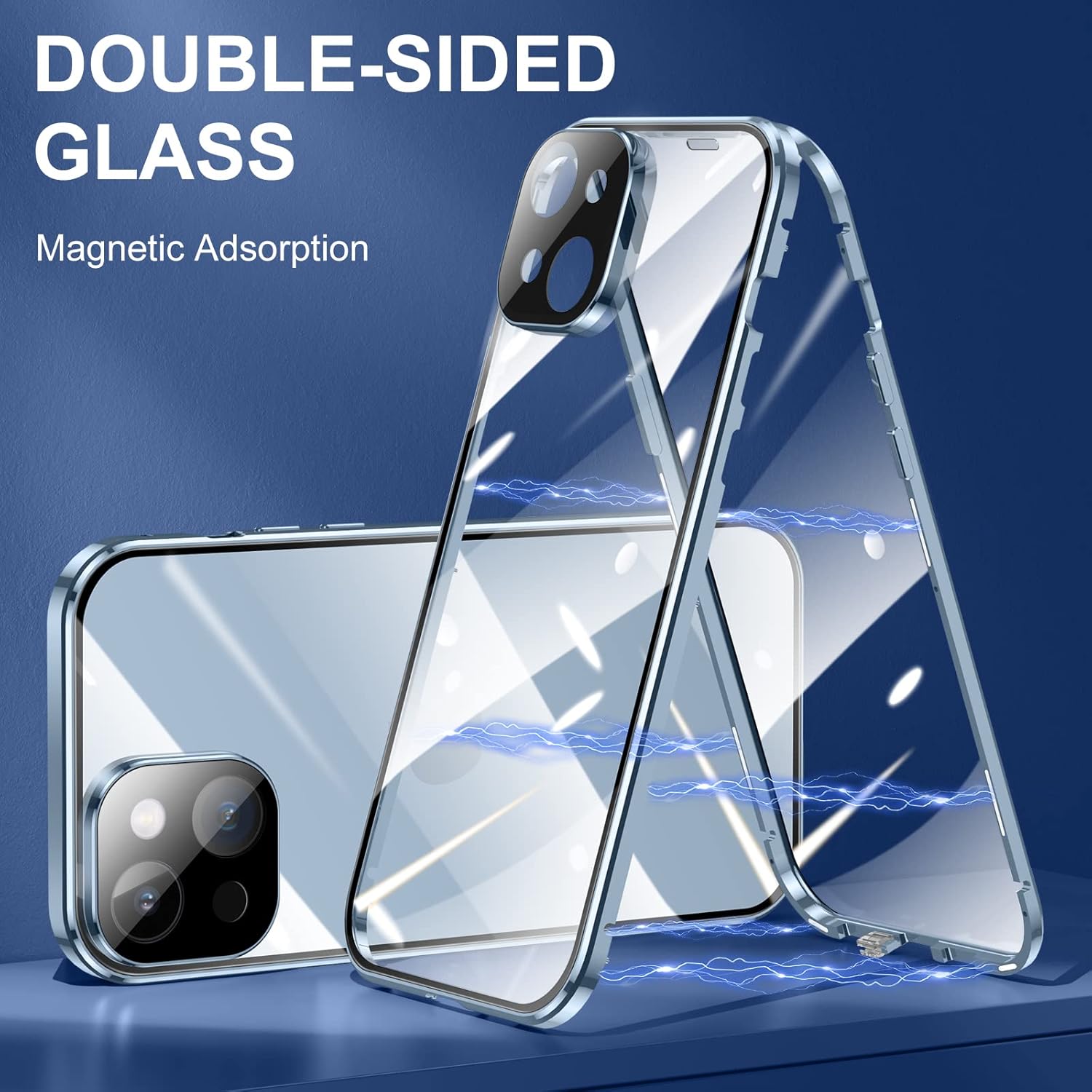 Jonwelsy Funda para iPhone 14, 360 grados frontal y trasera, vidrio templado transparente, protección de cuerpo completo, absorción magnética, marco